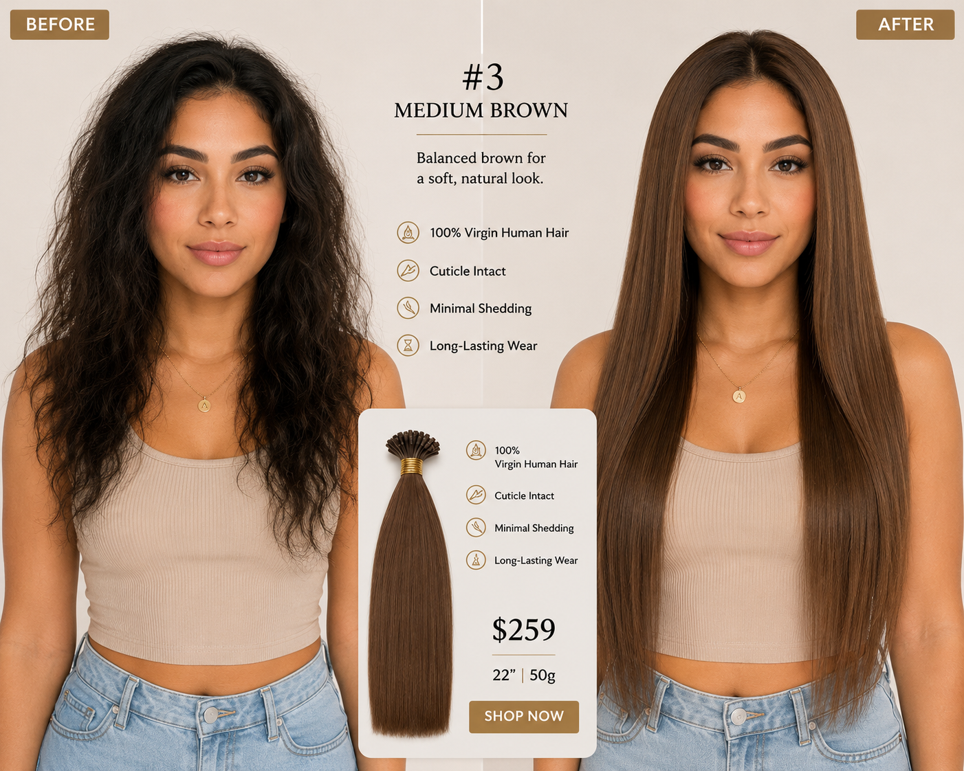 22” #3 Medium Brown K-Tips