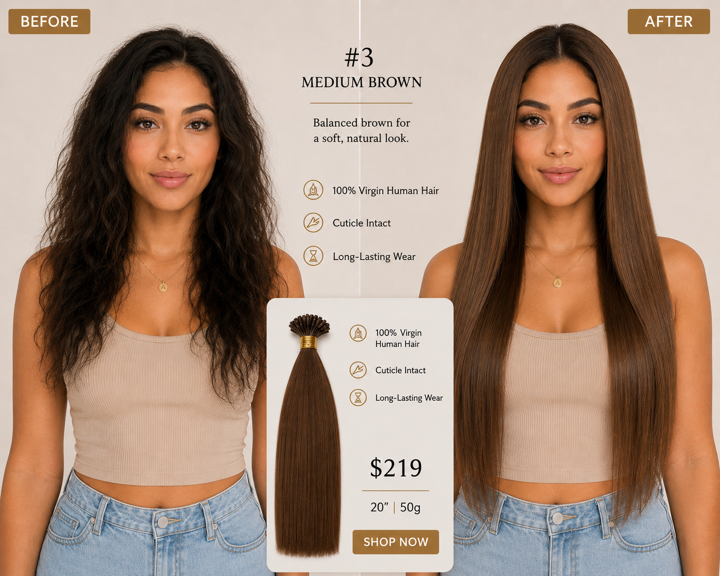 20” #3 Medium Brown I-Tip Hair Extensions
