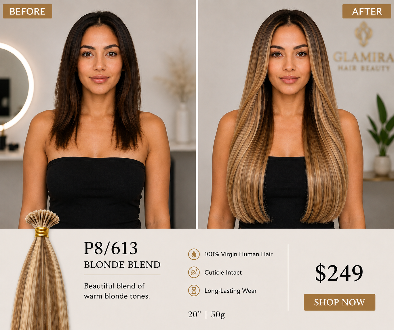 20” P8/613 Blonde Blend K-Tip Hair Extensions