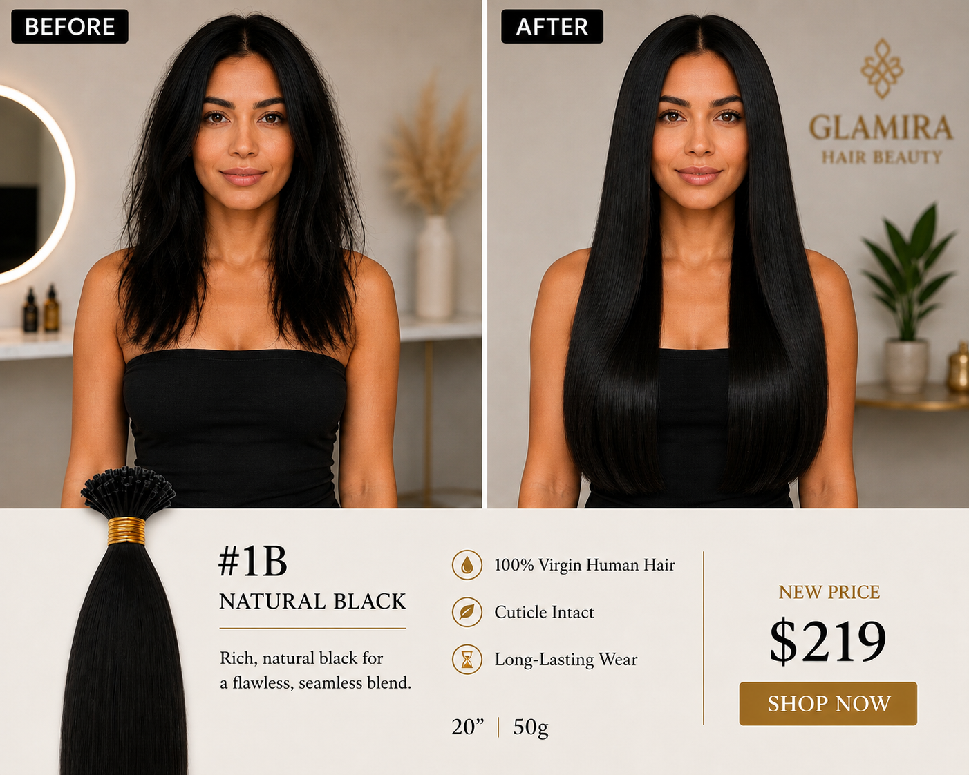 20” #1B Natural Black K-Tip Hair Extensions