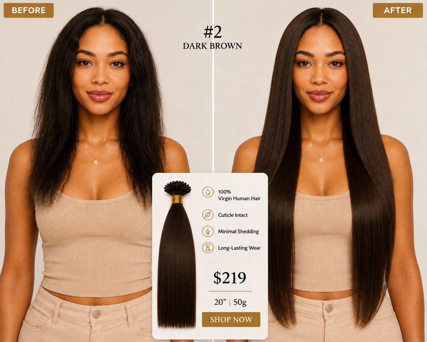 20” #2 Dark Brown K-Tip Hair Extensions