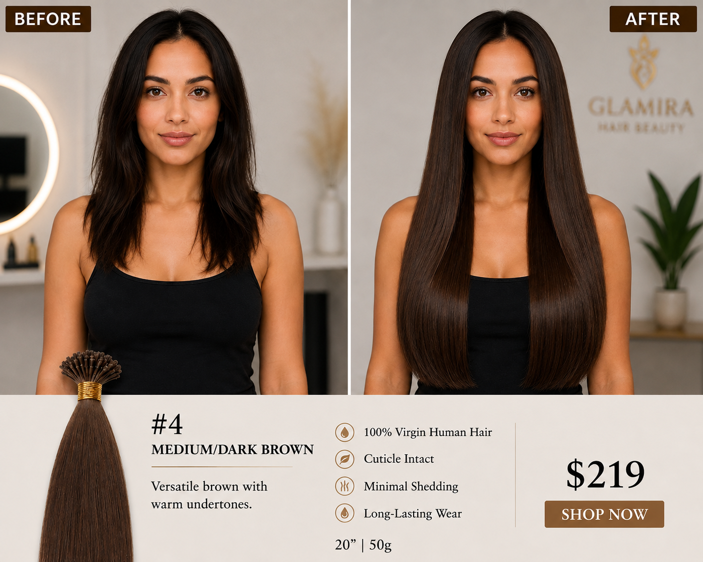 20” #4 Medium/Dark Brown K-Tip Hair Extensions