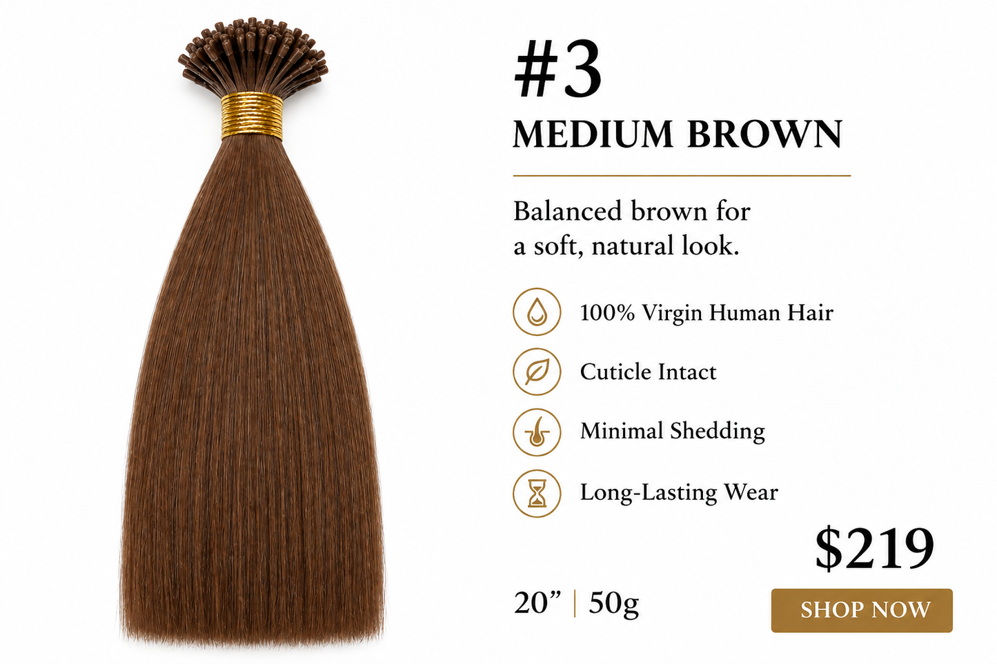 20” #3 Medium Brown I-Tip Hair Extensions